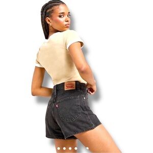 Levi's Classic High Waisted Dark Gray/Black Lightly Distressed Denim Mom Shorts